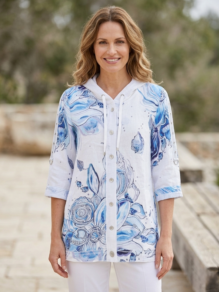 Blue Flowers Print Linen Hooded Jacket