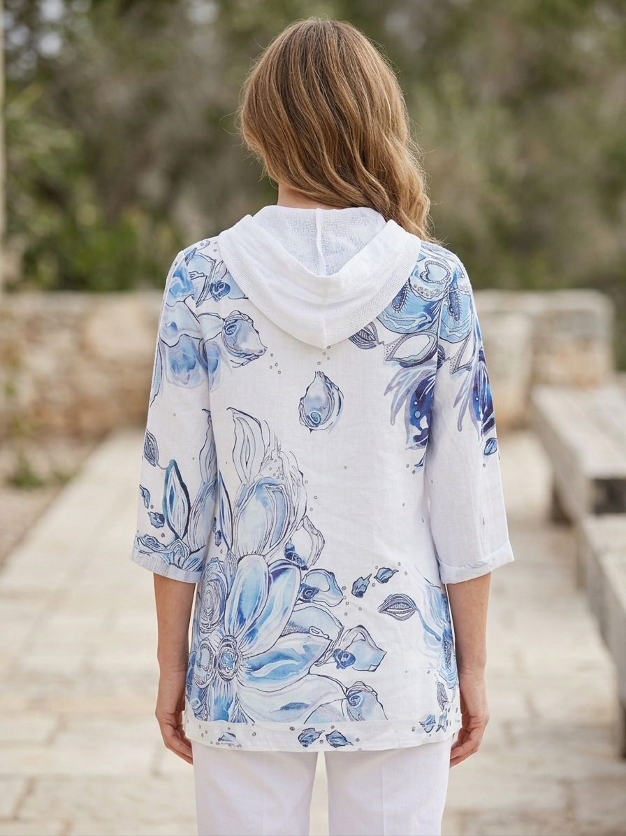 Blue Flowers Print Linen Hooded Jacket