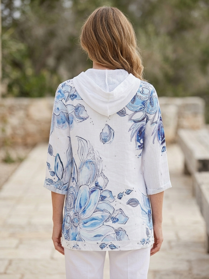 Blue Flowers Print Linen Hooded Jacket