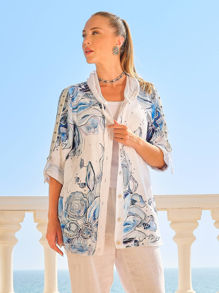 Blue Flowers Print Linen Hooded Jacket