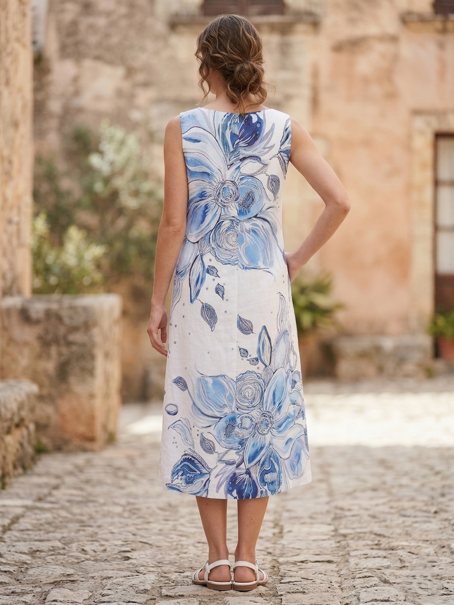 Blue Flowers Print V-Neck Linen Midi Dress