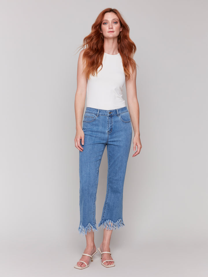 Blue Funky Frayed Hem Crop Jean