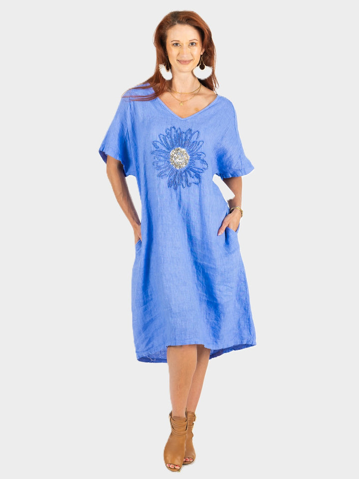 Blue Lapis Jewelled Flower Linen Dress