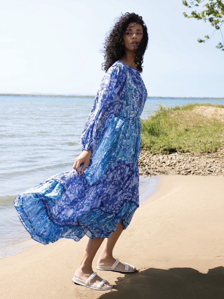 Blue Ocean Print Pintuck Ruffle Dress