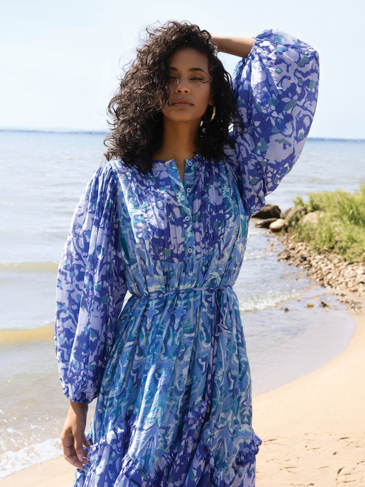 Blue Ocean Print Pintuck Ruffle Dress