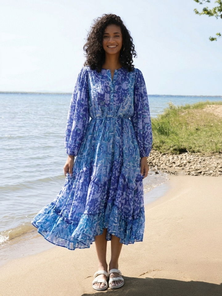 Blue Ocean Print Pintuck Ruffle Dress
