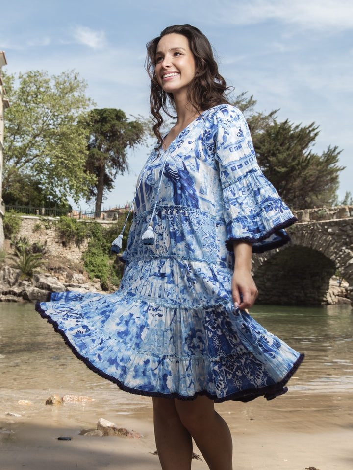 Blue Okayama Frill Sleeve Tiered Dress