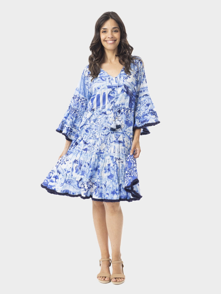 Blue Okayama Frill Sleeve Tiered Dress