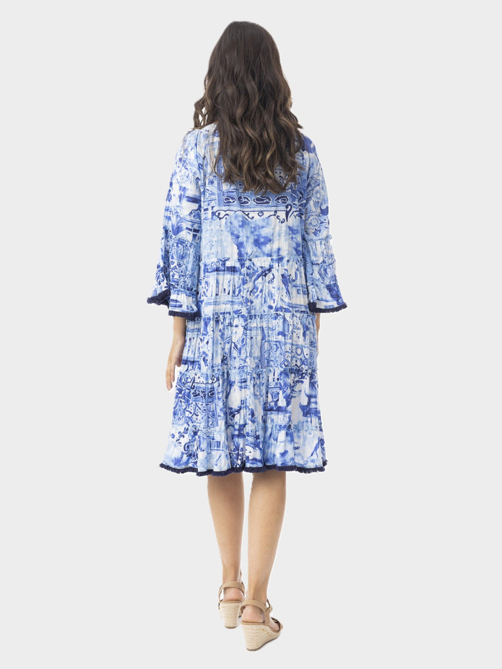 Blue Okayama Frill Sleeve Tiered Dress