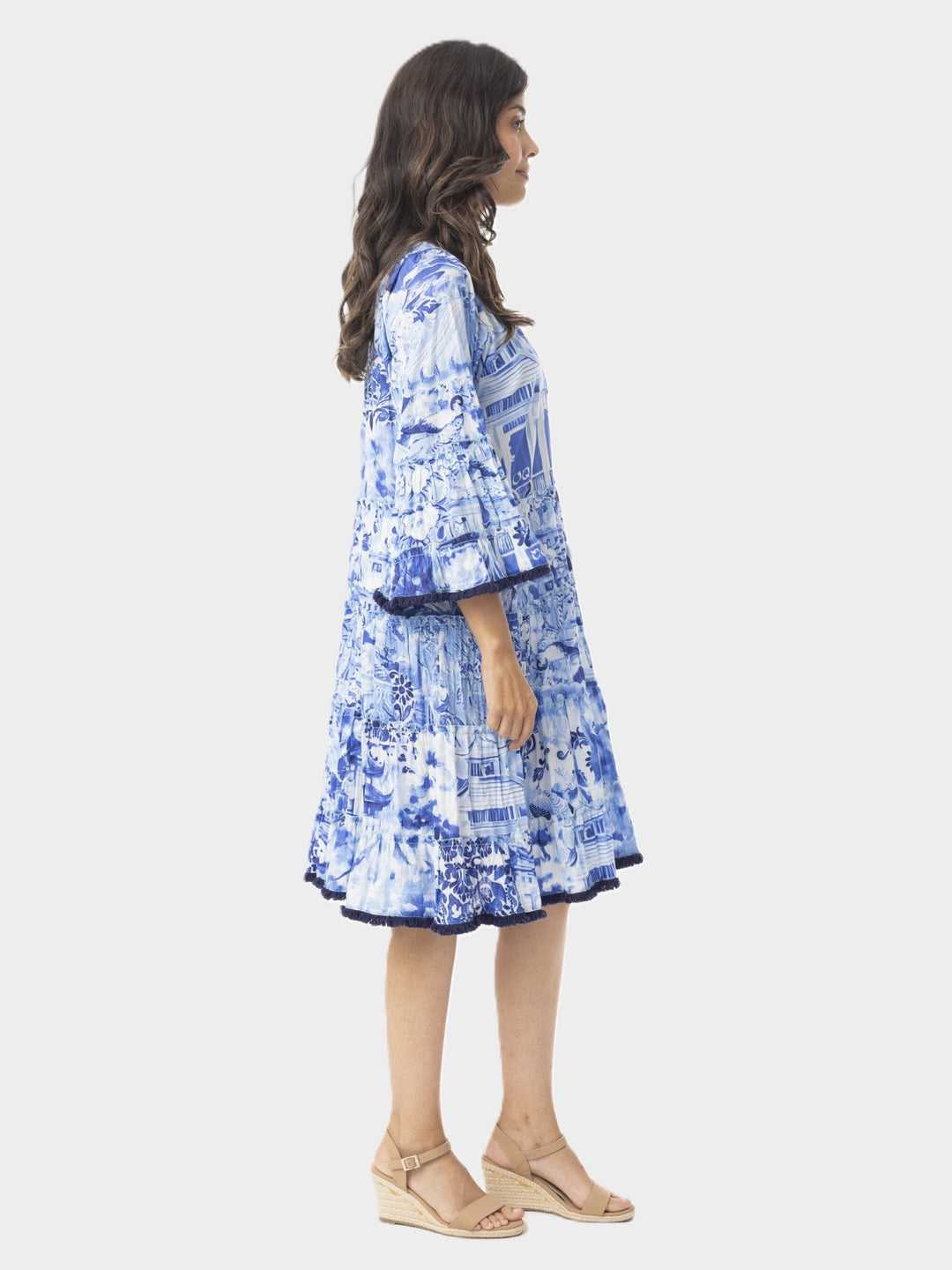 Blue Okayama Frill Sleeve Tiered Dress