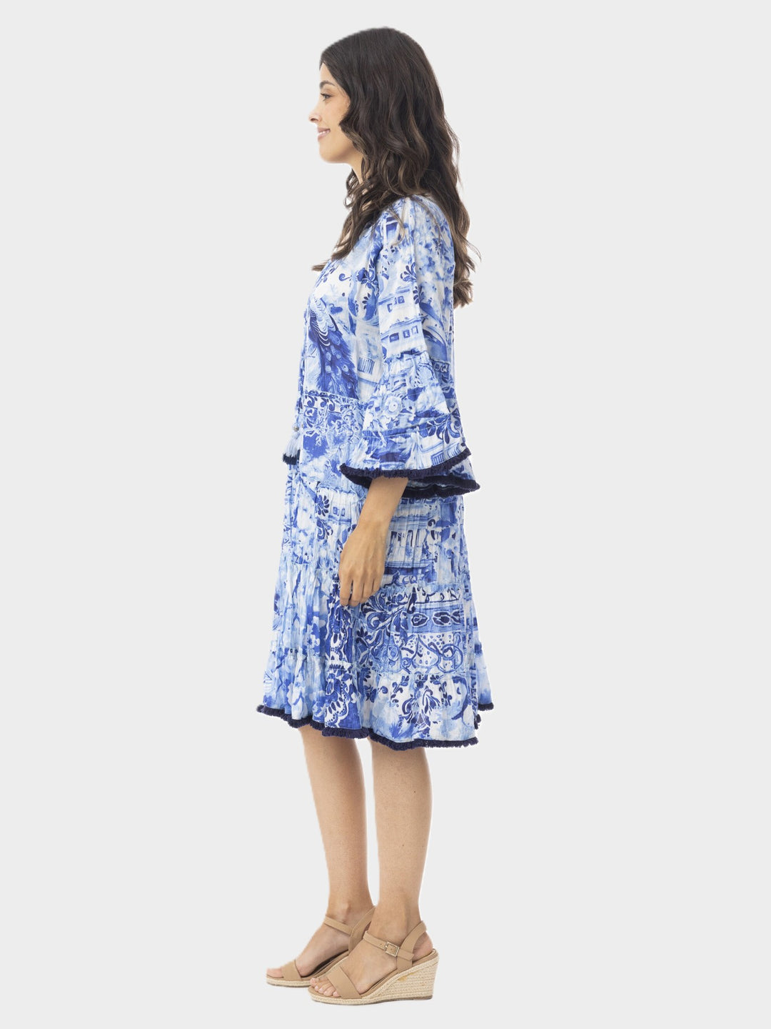 Blue Okayama Frill Sleeve Tiered Dress