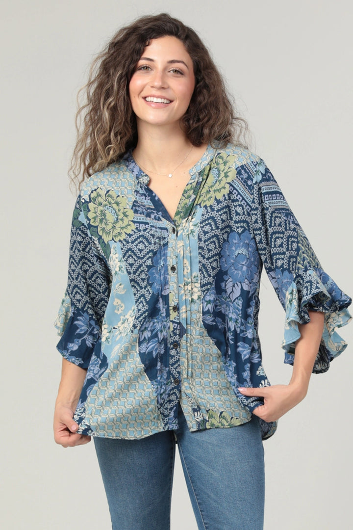 Blue Pintuck Flutter Sleeve Top