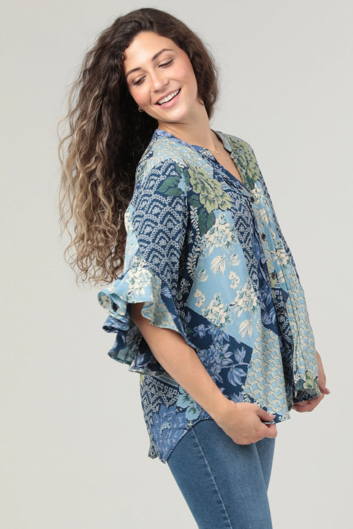Blue Pintuck Flutter Sleeve Top