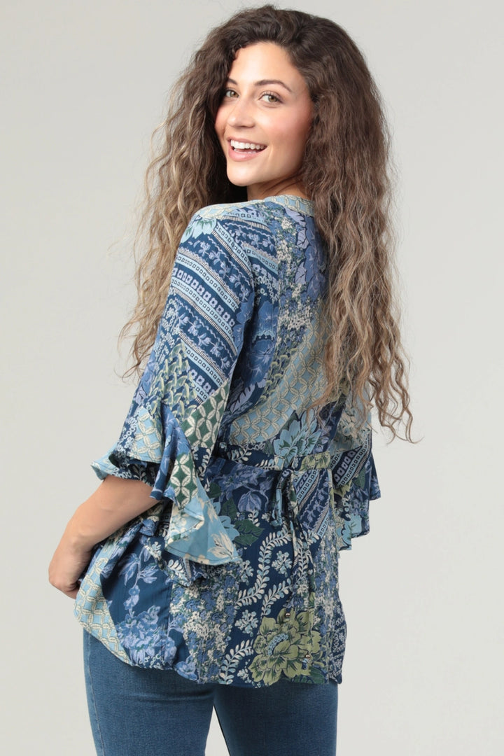 Blue Pintuck Flutter Sleeve Top