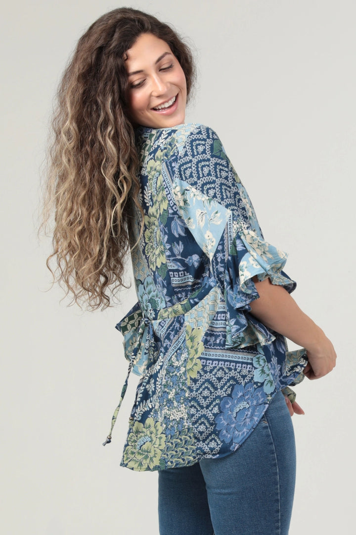 Blue Pintuck Flutter Sleeve Top