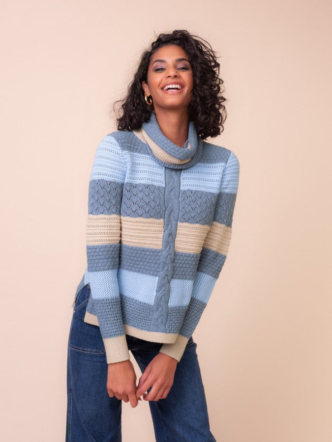 Blue Striped Mixed Knit Sweater with Detachable Cowl