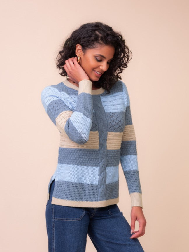 Blue Striped Mixed Knit Sweater with Detachable Cowl