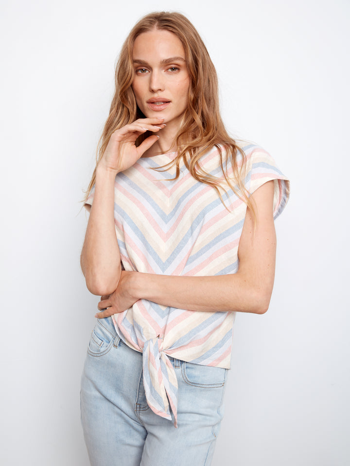 Boardwalk Stripe Linen Tie Front Top