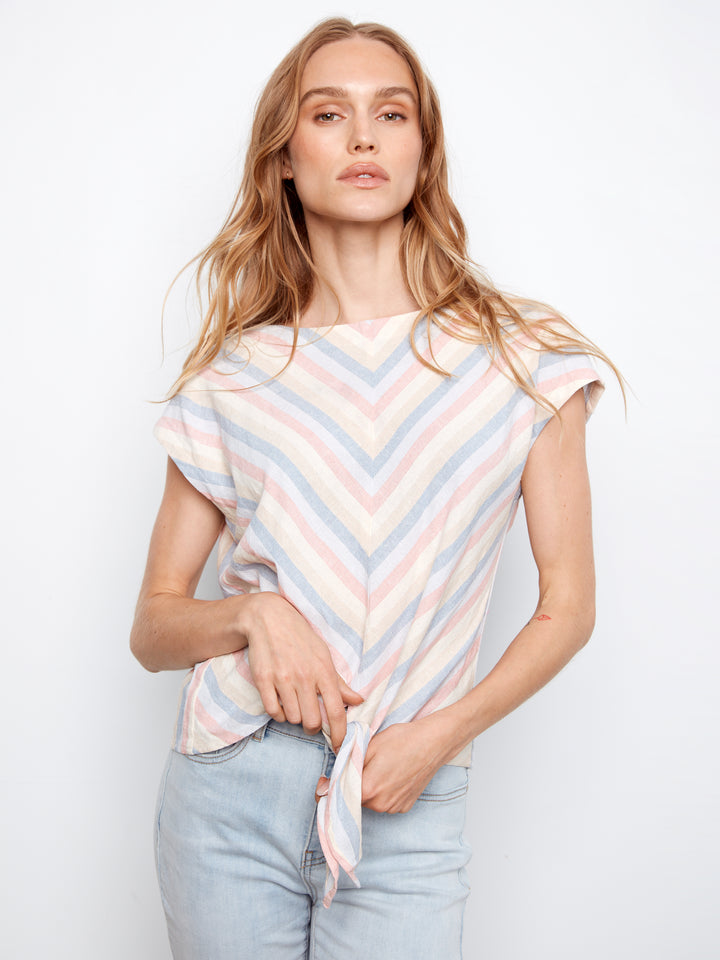 Boardwalk Stripe Linen Tie Front Top