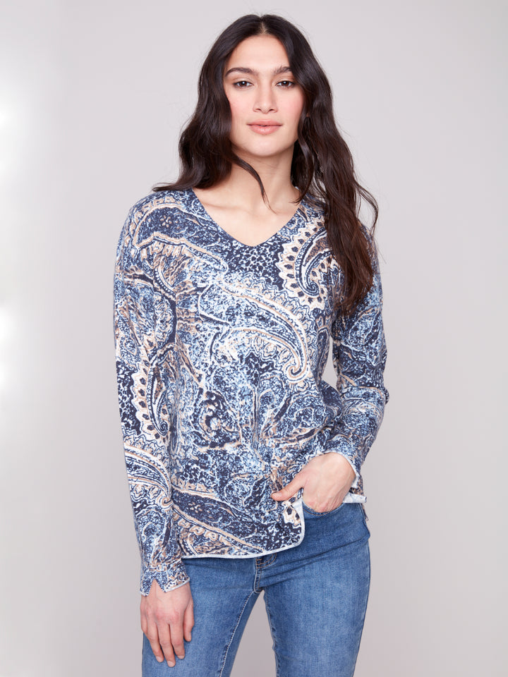 Bohemian Print V-Neck Plush Sweater