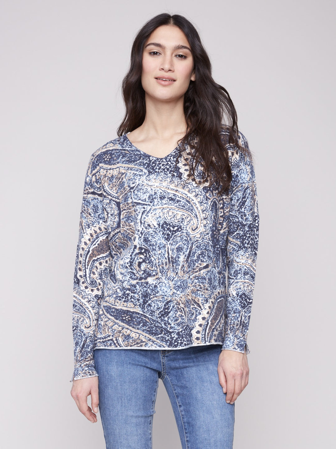 Bohemian Print V-Neck Plush Sweater