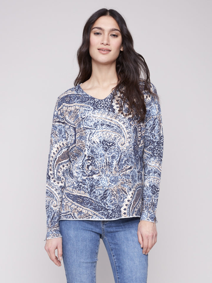 Bohemian Print V-Neck Plush Sweater