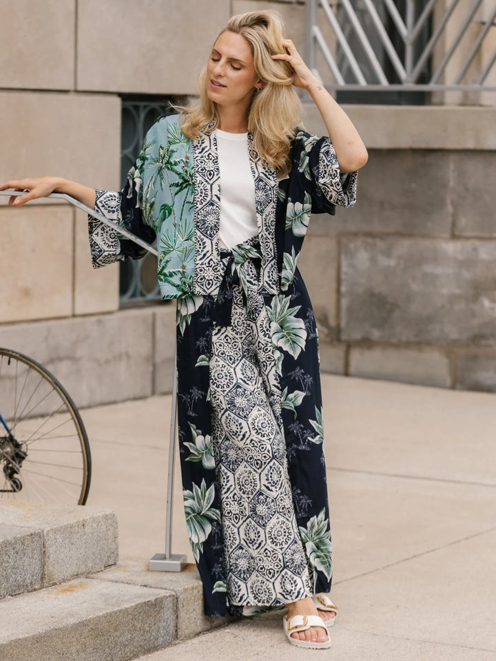 Breezy Palm Print Mix Wrap Pant