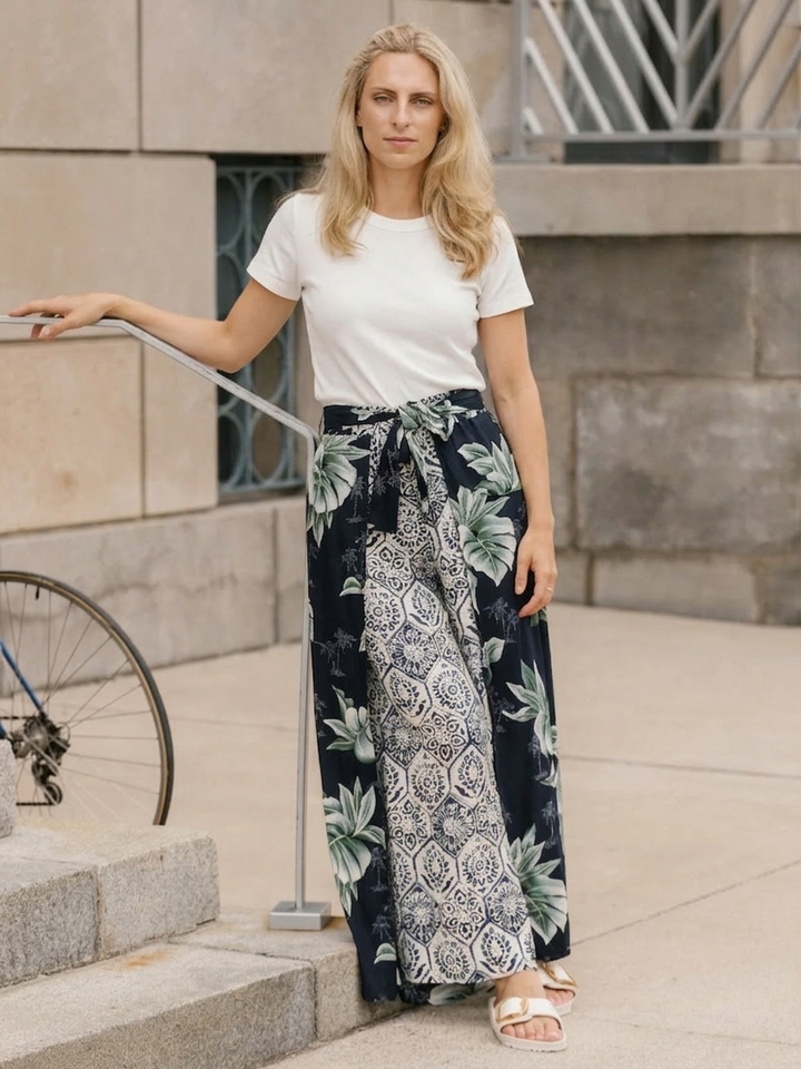 Breezy Palm Print Mix Wrap Pant