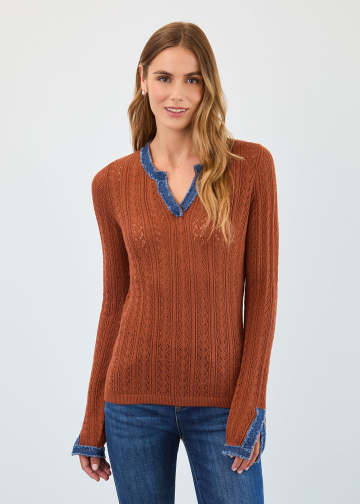 Bronze Fine Gauge Chambray Trim Sweater