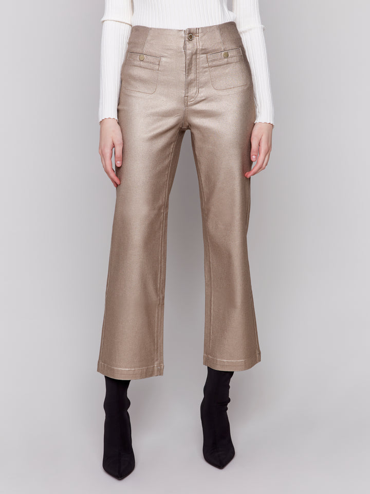 Bronzy Metallic Foil Cropped Flare Pant