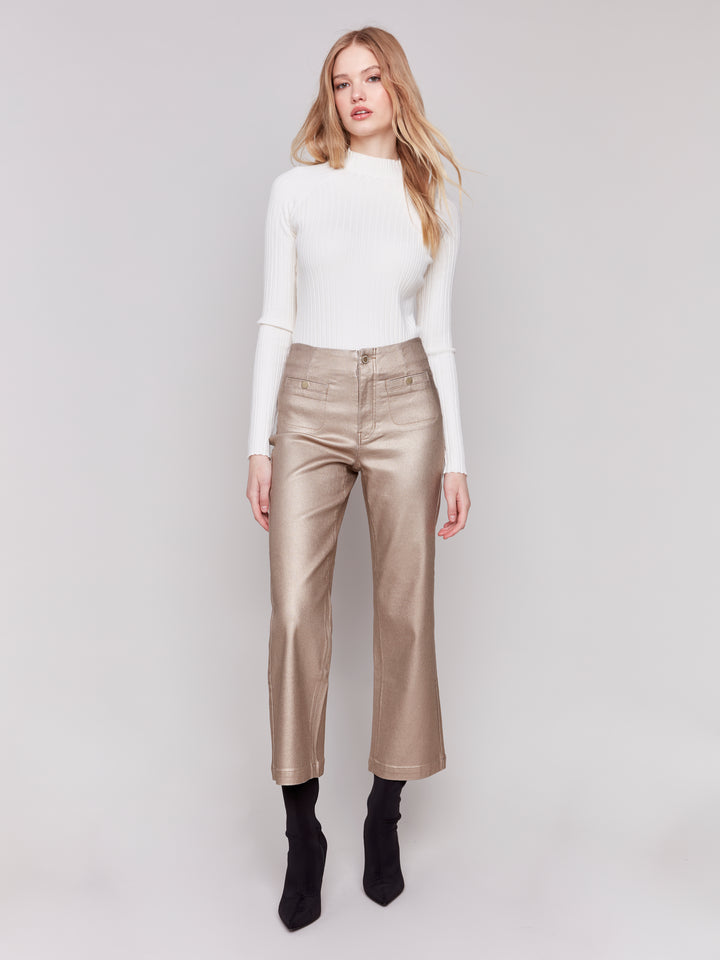 Bronzy Metallic Foil Cropped Flare Pant