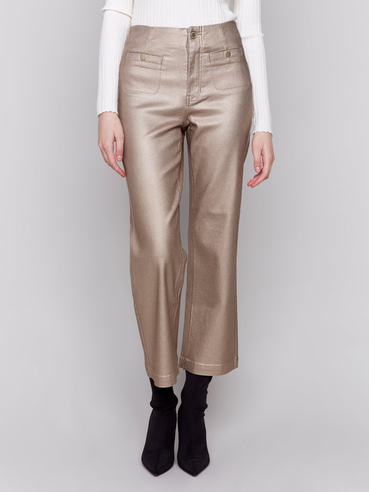 Bronzy Metallic Foil Cropped Flare Pant