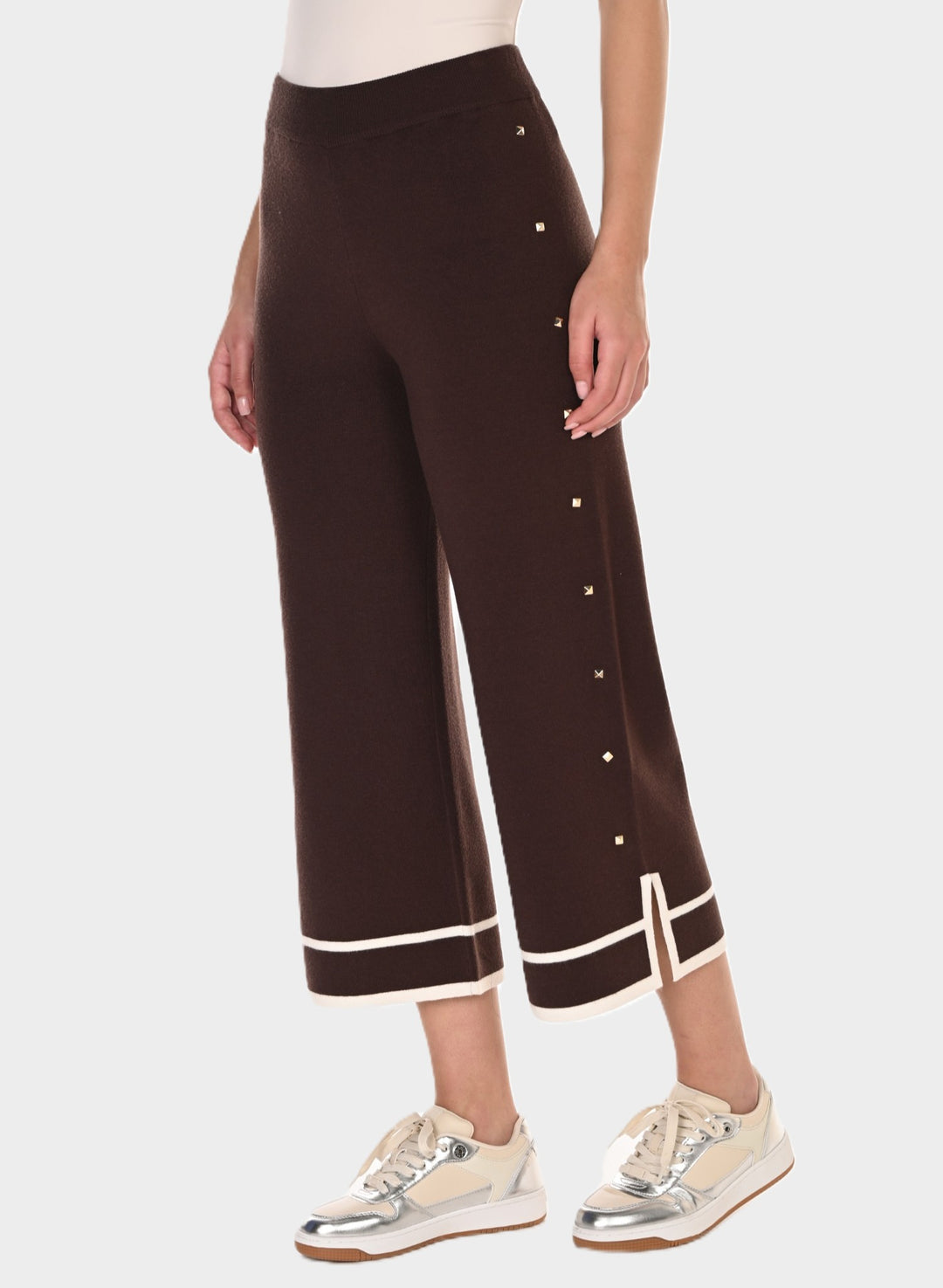 Brown Stud Detail Knit Wide Leg Pants