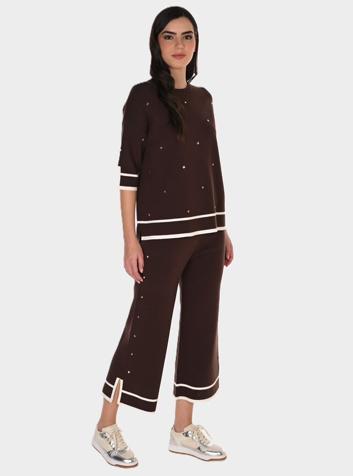 Brown Stud Detail Knit Wide Leg Pants