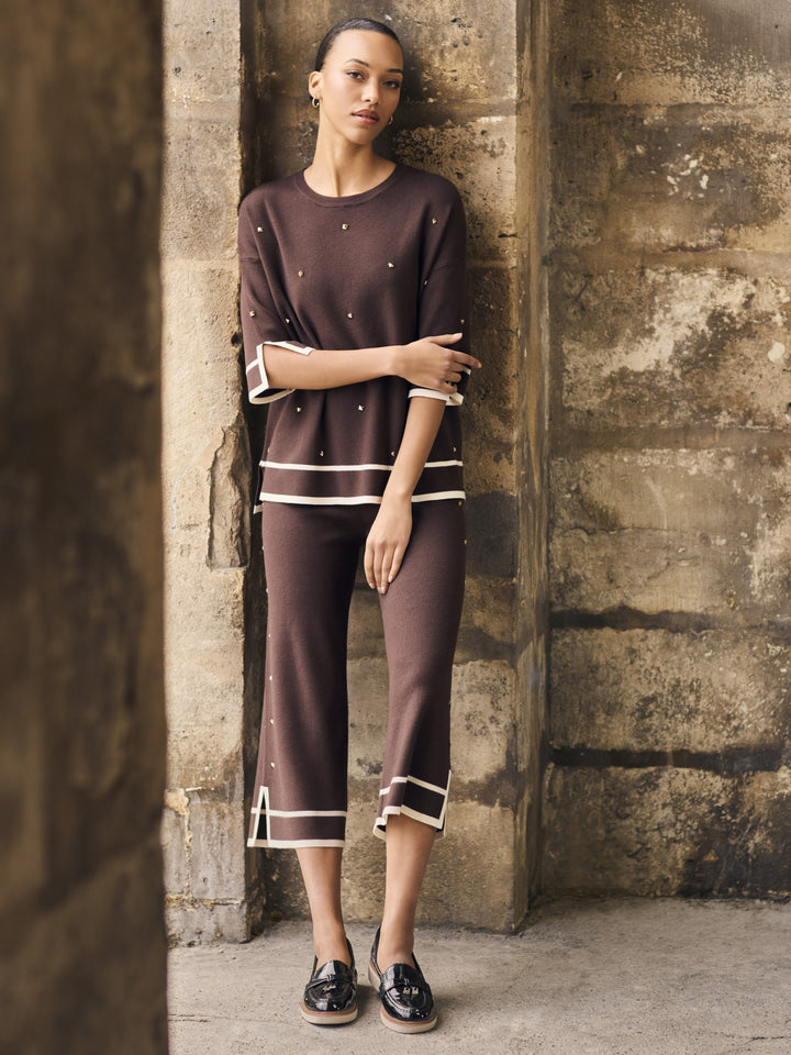 Brown Stud Detail Knit Wide Leg Pants