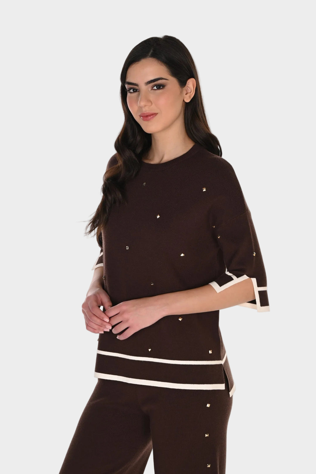 Brown Stud Embellished Boxy Sweater