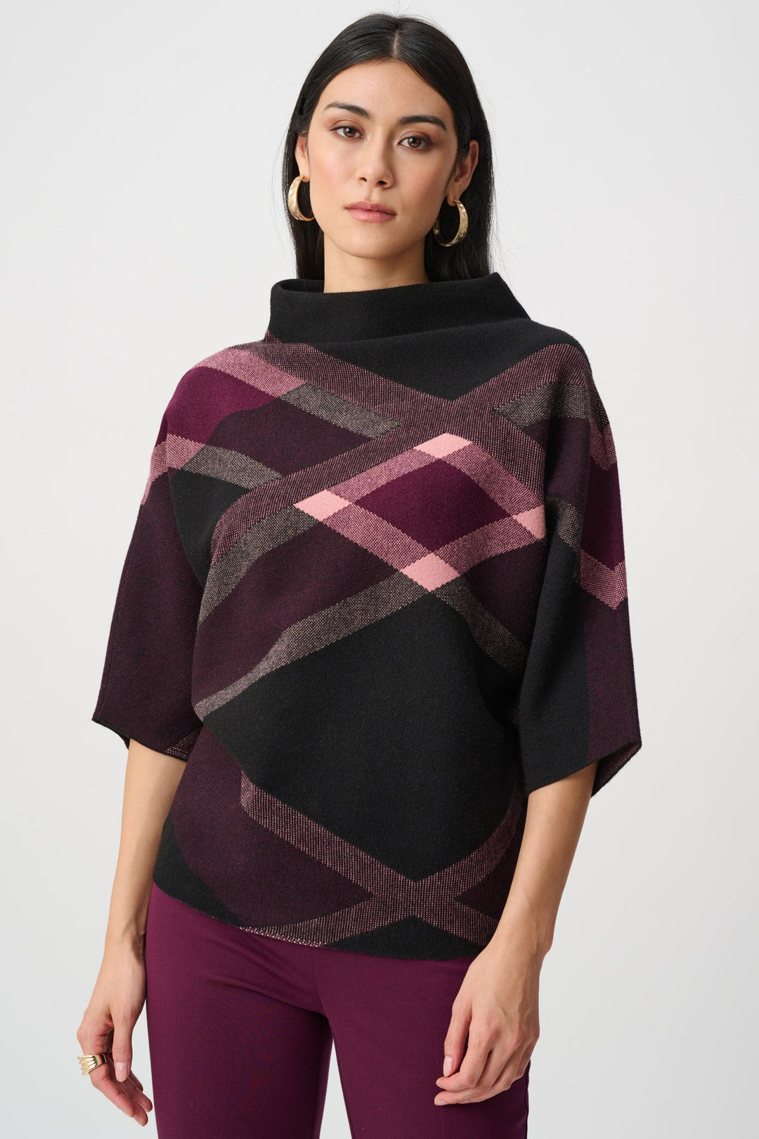 Brushed Plaid Funnel Neck Sweater