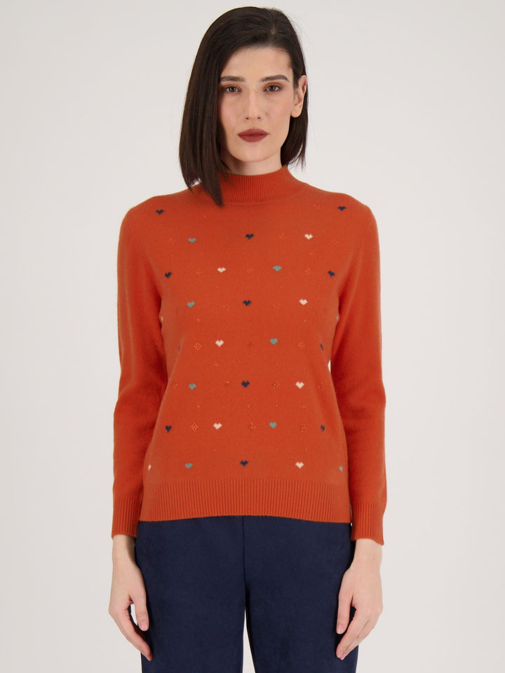 Burnt Orange Crystal Hearts Embroidered Sweater