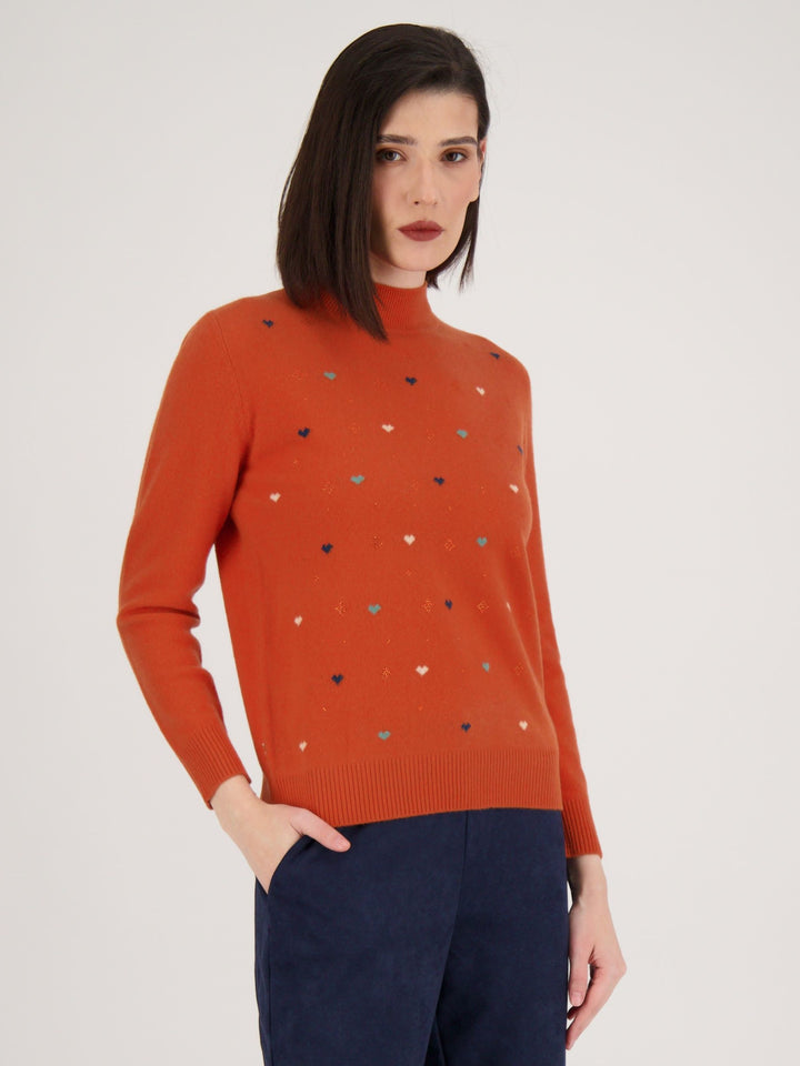 Burnt Orange Crystal Hearts Embroidered Sweater