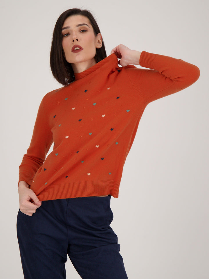 Burnt Orange Crystal Hearts Embroidered Sweater