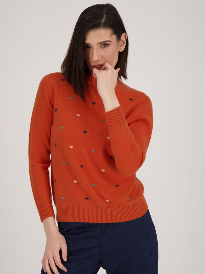 Burnt Orange Crystal Hearts Embroidered Sweater