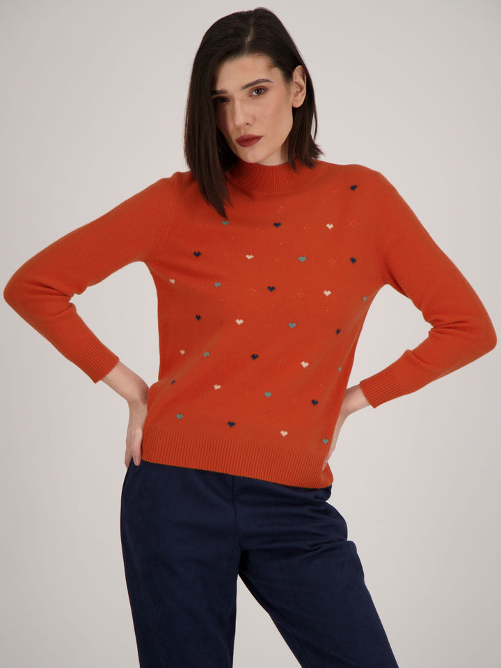 Burnt Orange Crystal Hearts Embroidered Sweater