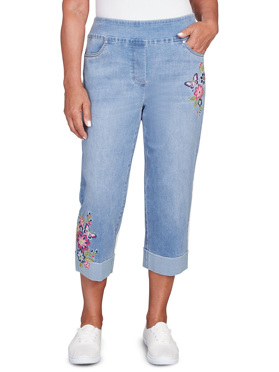 Butterfly Embroidered Denim Capri Pant