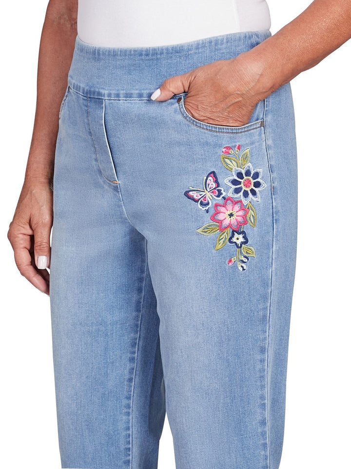 Butterfly Embroidered Denim Capri Pant
