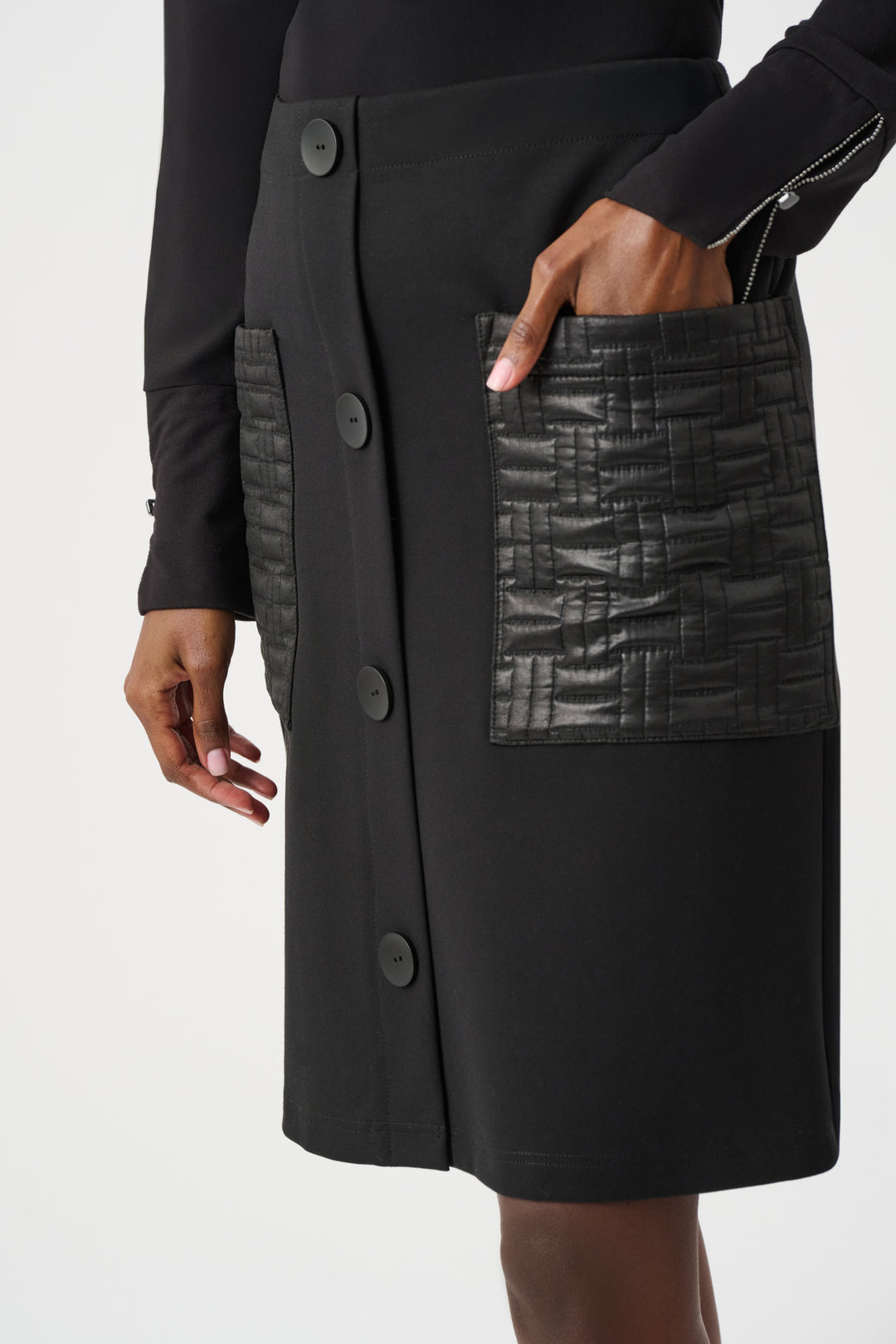 Buttoned Ponte Knit Skirt with Quilted Pockets