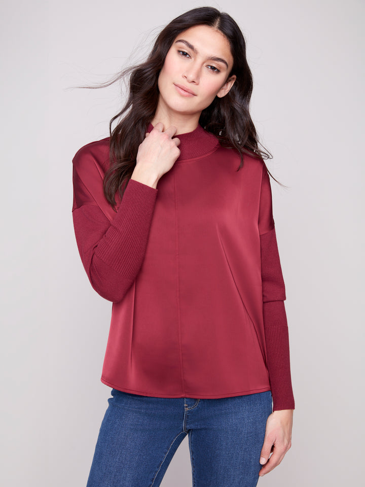 Cabernet Satin & Knit Mock Neck Top