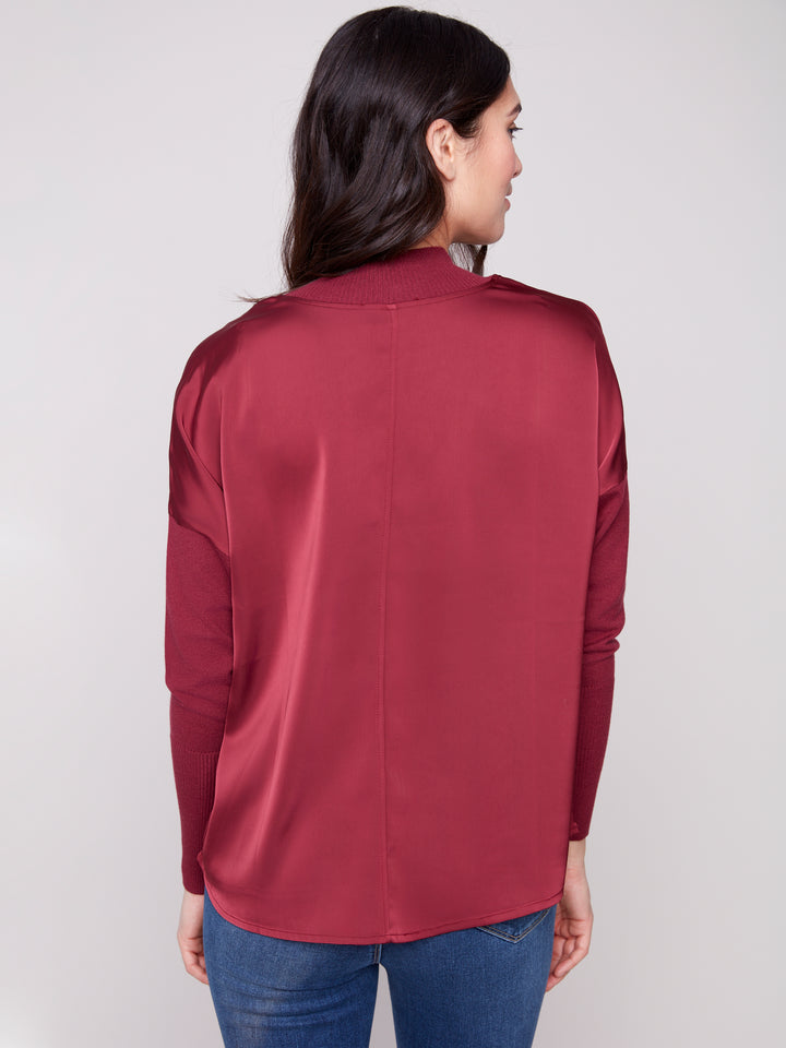 Cabernet Satin & Knit Mock Neck Top