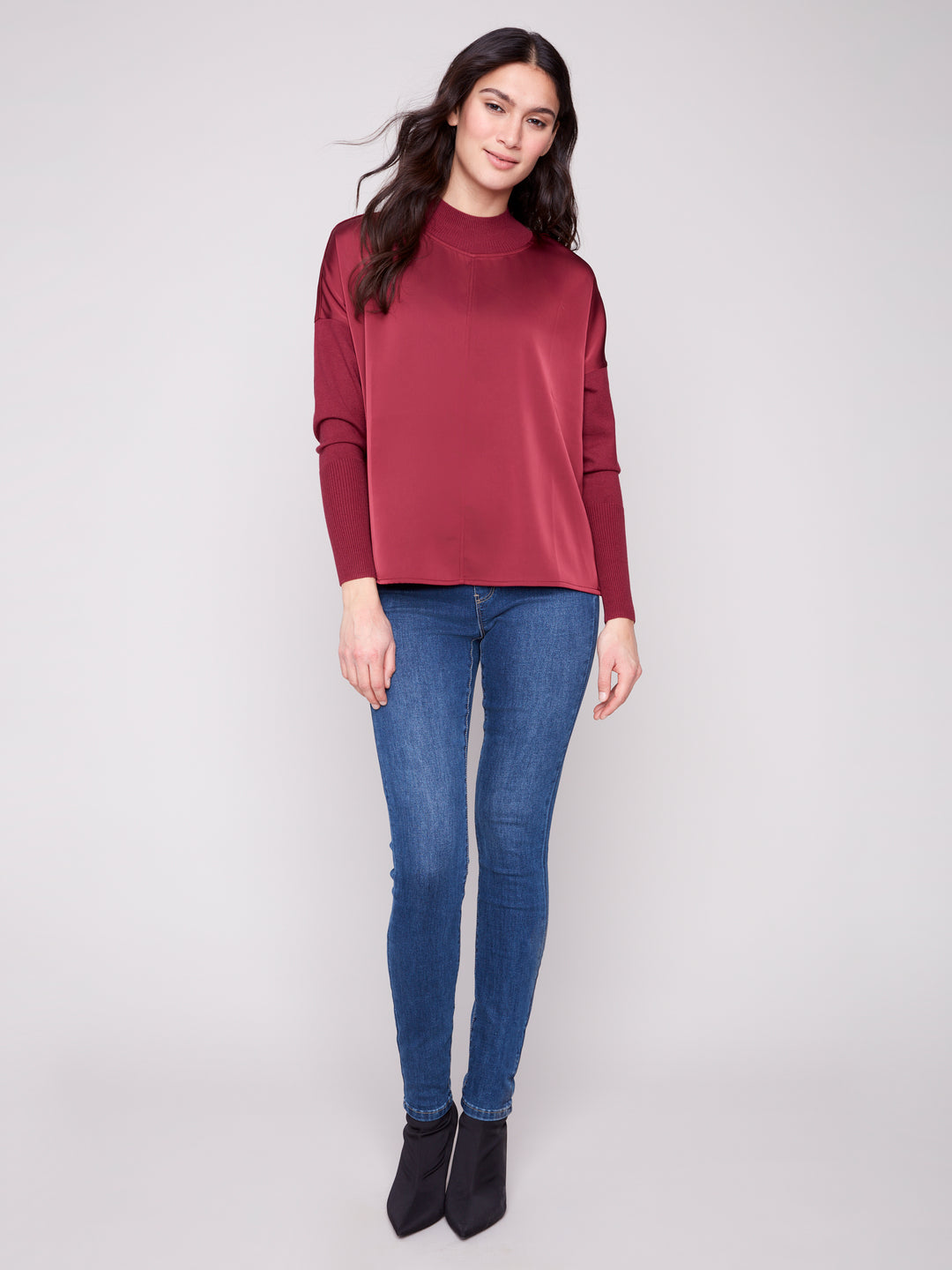 Cabernet Satin & Knit Mock Neck Top