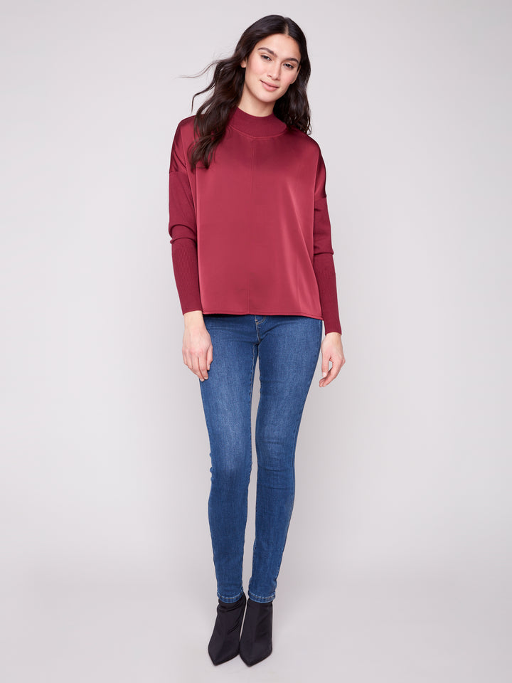 Cabernet Satin & Knit Mock Neck Top