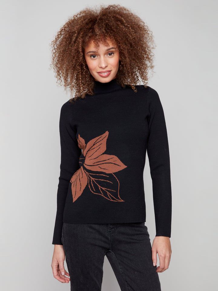 Cacao Big Flower Reversible Mock Neck Sweater